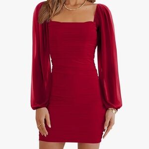 Ruched Red Bodycon Dress with flowy sleeves